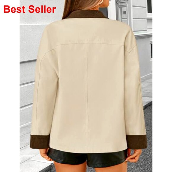 Oversized Cotton Barn Jacket with Contrast Collar, Lightweight Zip Up Cargo Coat - Picture 4 of 7